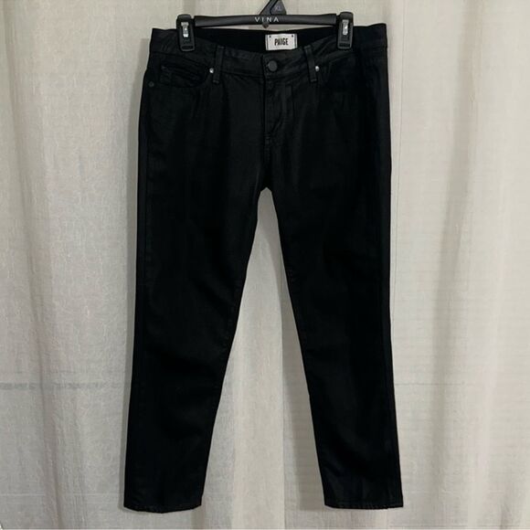 PAIGE 28 Black Luxe Coated Low Rise Crop 25” Straight Stretch Jeans - Picture 1 of 12